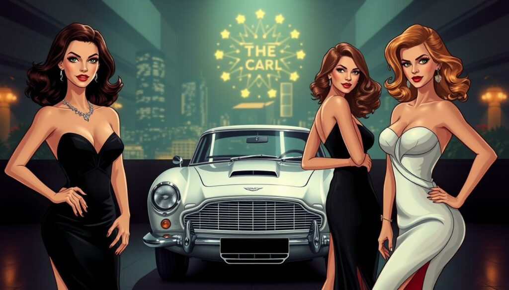 A glamorous, high-fashion photo shoot of iconic Bond girls from the classic James Bond films. In the foreground, three beautiful women strike alluring poses, showcasing elegant evening gowns and sophisticated hairstyles. Their expressions radiate confidence and charm. In the middle ground, a sleek, silver Aston Martin DB5 glistens, a nod to the series' iconic vehicle. The background is a moody, cinematic setting with dramatic lighting - perhaps a glittering cityscape at night or a lush, tropical paradise. The overall mood is sophisticated, cinematic, and evocative of the timeless allure of the Bond girl archetype.