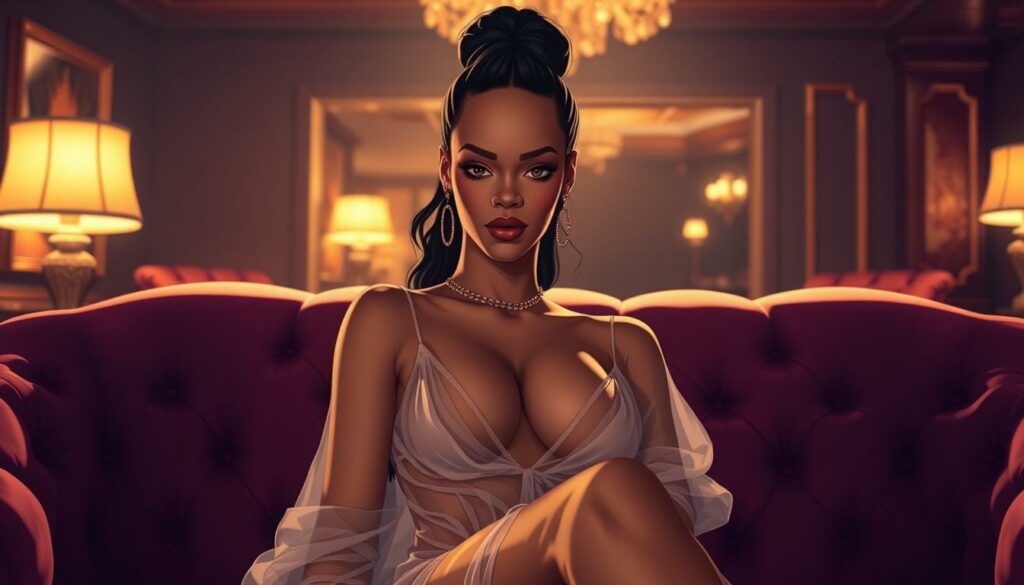 A glamorous, up-close portrait of Rihanna in a candid, intimate moment. She is seated on a plush, velvet couch, dressed in a sheer, flowing gown that accentuates her curves. Soft, golden lighting casts a warm, romantic glow, drawing attention to her radiant skin and sultry expression. In the background, a luxurious, dimly lit interior with rich, jewel-toned accents creates a sense of exclusivity and privacy. The overall mood is one of sensuality, elegance, and the private, off-stage life of this global pop icon.