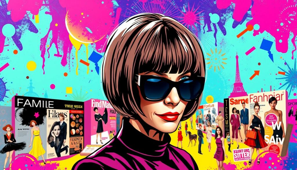 A glamorously bespectacled Anna Wintour, the iconic fashion maven, presides over a vibrant, pop-art inspired world. In the foreground, her signature bob haircut and sunglasses lend an air of effortless sophistication, while bold, colorful brushstrokes and geometric shapes dance around her, evoking the energy of contemporary culture. The middle ground features a collage of iconic fashion imagery, magazine covers, and playful visual references to the intersection of high fashion and pop culture. In the background, a kaleidoscope of vivid hues and dynamic patterns create a visually captivating and immersive atmosphere, reflecting Anna Wintour's powerful influence and enduring impact on the world of fashion and beyond.