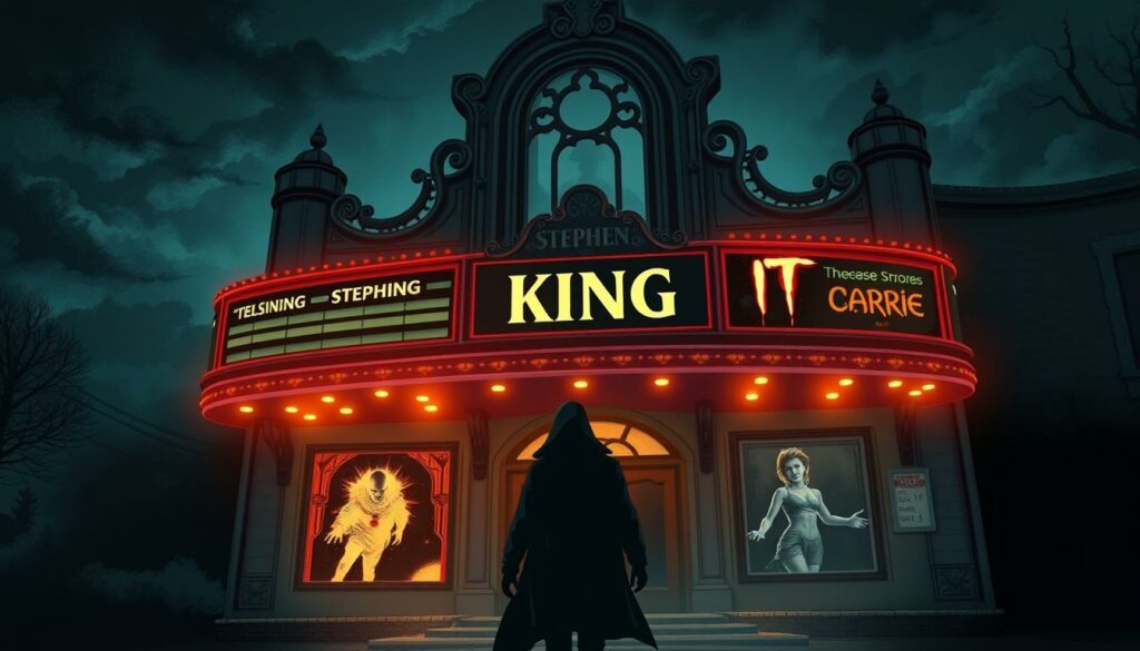 A gothic movie theater facade, its ornate marquee illuminated against a night sky. Ghostly movie posters of classic Stephen King film adaptations – "The Shining," "IT," "Carrie" – casting an eerie glow. In the foreground, a lone figure shrouded in shadows walks towards the entrance, the promise of horror and suspense beckoning. The scene is bathed in a moody, atmospheric lighting, hinting at the depth of King's cultural impact and the enduring cinematic legacy of his dark, imaginative works.