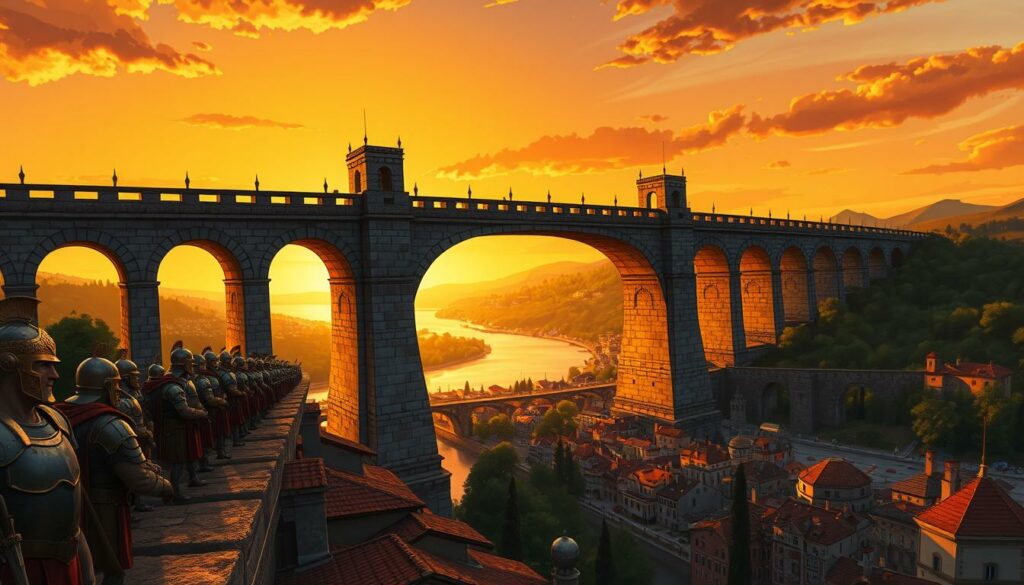 A grand Roman bridge spanning the mighty river, its arches soaring majestically against a golden sunset sky. In the foreground, legionnaires patrol the sturdy stone structure, their armor gleaming in the fading light. The middle ground reveals a bustling riverside town, its red-tiled roofs and cobbled streets hinting at the prosperity brought by this vital river crossing. In the distance, rolling hills and dense forests frame the scene, evoking the rugged landscapes Caesar's armies conquered. The composition is sharp and cinematic, with dramatic chiaroscuro lighting lending an air of grandeur and historical significance to this remarkable engineering feat.