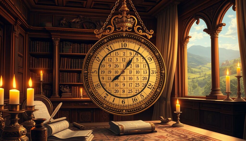 A grand Roman-inspired calendar hanging in an ornately decorated study, the warm glow of candlelight casting a rich, regal atmosphere. In the foreground, the Julianische Kalender is prominently displayed, its intricate details and golden embellishments capturing the eye. Surrounding it, ancient scrolls, quills, and inkwells suggest a scholarly environment, while in the background, a stately bookshelf and a window overlooking a lush, historical landscape add depth and context. The scene evokes a sense of timeless knowledge and the grandeur of the Roman Empire's lasting impact on our modern understanding of time.