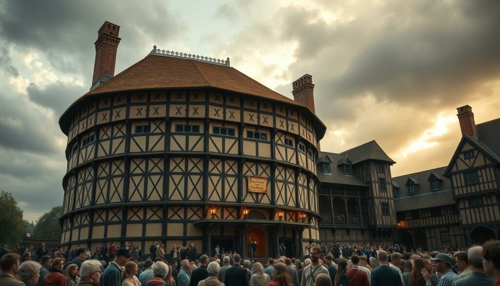 A grand, Tudor-style theater stands majestically against a cloudy, atmospheric sky. The iconic, hexagonal Globe Theatre, with its distinctive thatched roof and timber-framed facade, commands the foreground. Ornate architectural details, such as intricate carvings and decorative gables, captivate the eye. In the middle ground, throngs of Elizabethan-era spectators gather, their colorful costumes and lively expressions suggesting the vibrant energy of a Shakespearean performance. The background is bathed in a soft, golden light, evoking a sense of timeless nostalgia. The entire scene is captured through a cinematic, wide-angle lens, inviting the viewer to immerse themselves in the historical grandeur of this legendary theatrical venue.