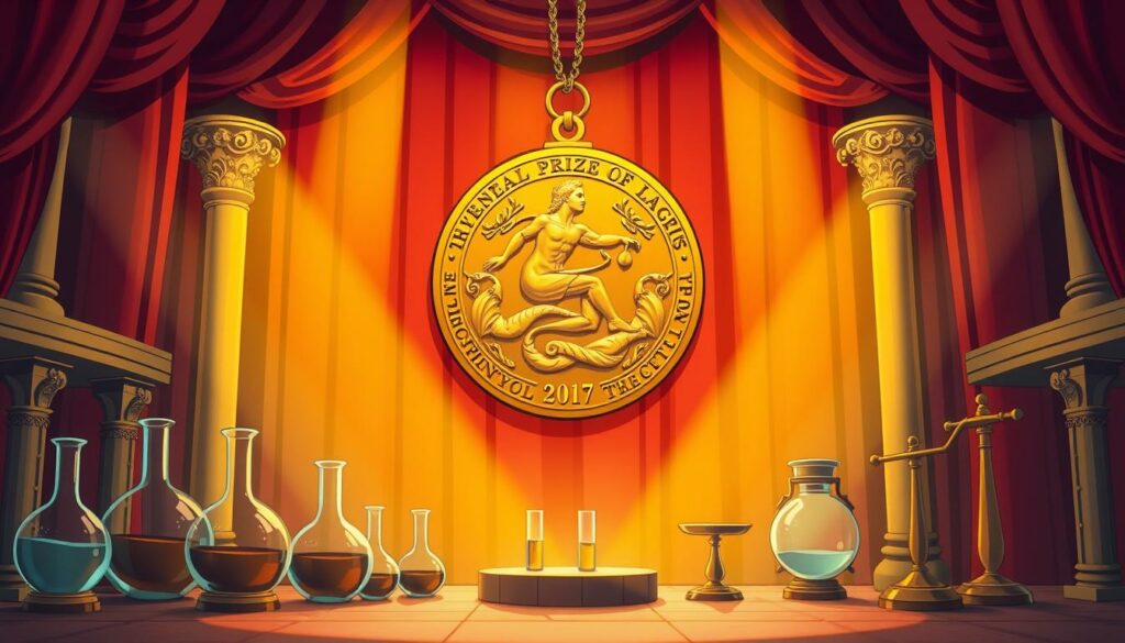 A grand, ornate stage bathed in warm, golden light, with a large, gleaming Nobel Prize medal suspended in the center, its intricate details radiating an aura of prestige and scientific achievement. In the foreground, a series of historical scientific instruments - beakers, test tubes, and scales - hint at the groundbreaking research that led to this prestigious honor. The background is a deep, rich burgundy velvet curtain, adding a sense of grandeur and ceremony to the scene. The overall composition evokes a sense of reverence and the weight of the Nobel Prize's legacy in the field of physics.