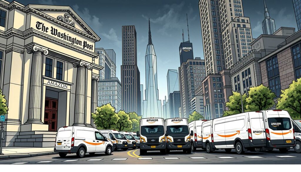 A grand, stately building stands in the foreground, its imposing facade adorned with neoclassical columns and ornate detailing. The nameplate above the entrance reads "The Washington Post", casting a regal, authoritative presence. In the middle ground, a fleet of sleek, modern delivery vans emblazoned with the Amazon logo lines the street, symbolizing the merger between the iconic newspaper and the e-commerce giant. The background is a bustling urban landscape, with towering skyscrapers and the hum of activity, conveying the scale and significance of this momentous acquisition. Dramatic lighting creates a sense of gravity and importance, while the carefully composed angles and perspectives draw the viewer's eye to the central focal point – the intersection of traditional media and cutting-edge technology.