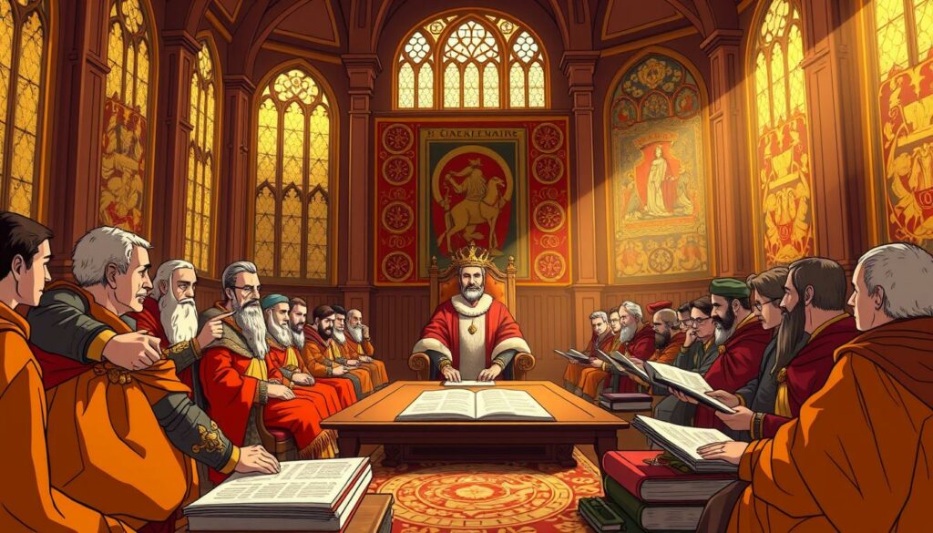 A grand throne room in the Frankish Empire, bathed in warm, golden light filtering through stained glass windows. In the foreground, King Charlemagne presides over a council of advisors, his commanding presence and regal attire commanding attention. In the middle ground, scribes meticulously document the proceedings, capturing the essence of the sweeping administrative reforms that would transform the kingdom. The background depicts ornate tapestries adorning the walls, reflecting the rich cultural heritage and intellectual renaissance of the Carolingian era. The scene exudes a sense of grandeur, power, and a vision for a more organized, efficient, and prosperous Frankish realm.