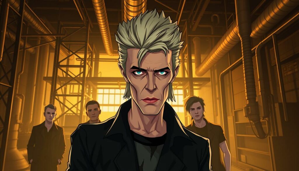 A gritty, industrial-themed portrait of David Bowie and his 1990s rock band Tin Machine. In the foreground, Bowie is depicted wearing a dark, tattered outfit, his iconic bleached hair and intense gaze conveying the raw, energetic spirit of the era. The middle ground features the other members of Tin Machine, silhouetted against a backdrop of metal scaffolding, pipes, and factory-like machinery. Hazy, warm lighting casts dramatic shadows, creating a moody, atmospheric scene that evokes the alternative, experimental nature of Bowie's musical output during the 1990s.