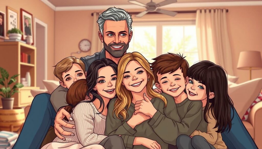 A heartwarming family portrait of Heidi Klum and her loved ones, captured in a warm, natural light. In the foreground, Heidi is surrounded by her four children, their faces beaming with joy as they cuddle close. The middle ground features Heidi's husband, lovingly embracing his wife and their brood. In the background, a cozy, well-appointed living room sets the scene, hinting at the comfort and intimacy of their private family life. The entire composition exudes a sense of togetherness, love, and the quiet happiness of a life lived in the public eye, but grounded in the cherished moments shared between a devoted mother and her family.