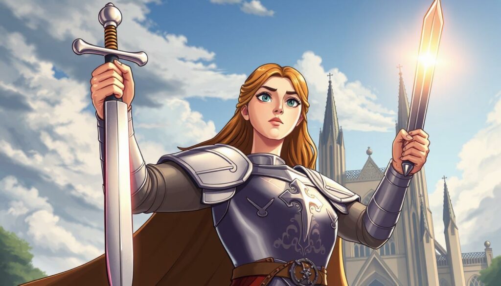 A heroic figure, Jeanne d'Arc, stands tall and resolute, her gaze fixed with unwavering determination. Clad in gleaming armor, she holds aloft a radiant sword, its blade reflecting the divine light that seems to emanate from her very being. Her face, serene yet commanding, exudes an aura of saintly grace, as if touched by the hand of the divine. In the background, a majestic cathedral rises, its Gothic spires piercing the heavens, symbolizing the deep religious convictions that fueled Jeanne's crusade. The overall scene radiates a sense of reverence and national pride, capturing Jeanne d'Arc's enduring legacy as a revered icon and a symbol of France's resilience.