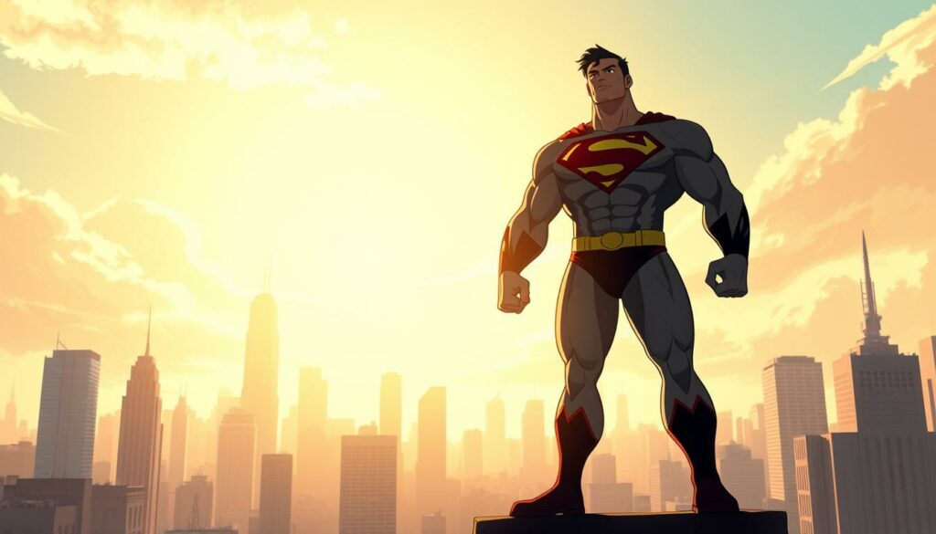 A heroic figure stands tall, radiating an aura of power and determination. The iconic "S" symbol emblazoned on a muscular chest, a symbol of hope and justice. The figure is bathed in a warm, golden light, casting a dramatic shadow that stretches across a city skyline in the background. Towering buildings and a vibrant, bustling metropolis serve as a backdrop, emphasizing the grandeur and significance of this legendary superhero. The viewer is drawn in, captivated by the sheer presence and symbolic nature of this iconic character, a timeless symbol of strength, resilience, and the boundless potential of the human spirit.