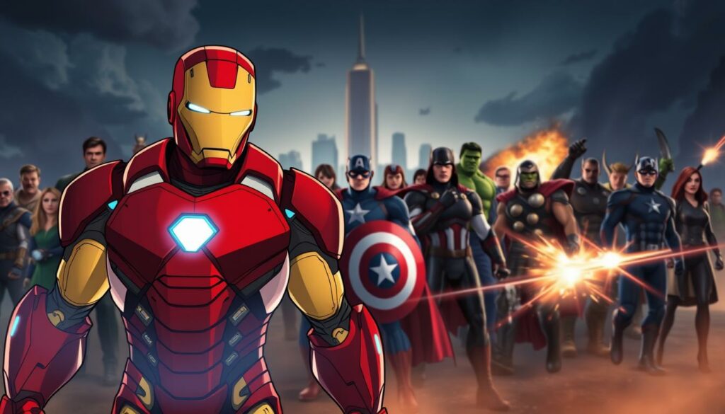 A heroic gathering of Earth's mightiest heroes, the Avengers Allianz, stands resolute against the darkness. In the foreground, Iron Man's iconic red and gold armor gleams under dramatic cinematic lighting, the reactor in his chest casting a brilliant glow. Behind him, the assembled Avengers - Captain America, Thor, Hulk, Black Widow, Hawkeye, and others - form a formidable line, their faces etched with determination. The middle ground is filled with dynamic action, energy beams and powerful strikes as the team battles an unseen foe. In the distant background, the iconic silhouette of Stark Tower rises, a testament to the technological might that empowers these heroes. The overall scene conveys a sense of epic scale, high-stakes adventure, and the unwavering resolve of the Avengers to protect their world.