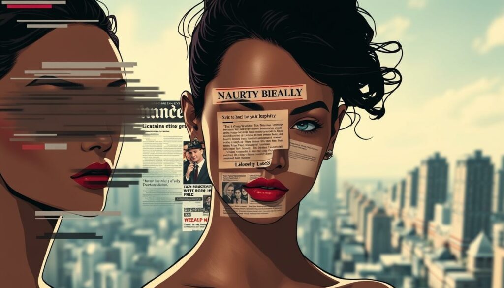 A high-contrast, cinematic composition capturing the controversies and criticisms surrounding the beauty industry. In the foreground, digital glitches and distortions obscure the faces of models, symbolizing the challenges of authenticity and transparency. In the middle ground, a collage of headlines and media clippings expose the industry's scandals and ethical lapses. The background depicts a blurred cityscape, evoking the larger societal impacts of the beauty paradigm. Dramatic, high-key lighting casts dramatic shadows, creating a sense of tension and unease. Captured with a wide-angle lens to emphasize the scale and complexity of the issues at hand.