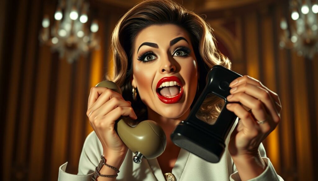 A high-contrast close-up shot of Verona Pooth, former German TV presenter and businesswoman, in a dynamic pose, gesturing expressively with her hands while speaking into a vintage-style telephone. Dramatic studio lighting casts theatrical shadows, accentuating her vivacious features and glamorous makeup. The background is a blurred, opulent setting, hinting at the commercial success and showmanship that have defined her career. The overall mood is one of energy, charisma, and the larger-than-life persona that Verona Pooth has cultivated through her iconic television advertising campaigns.