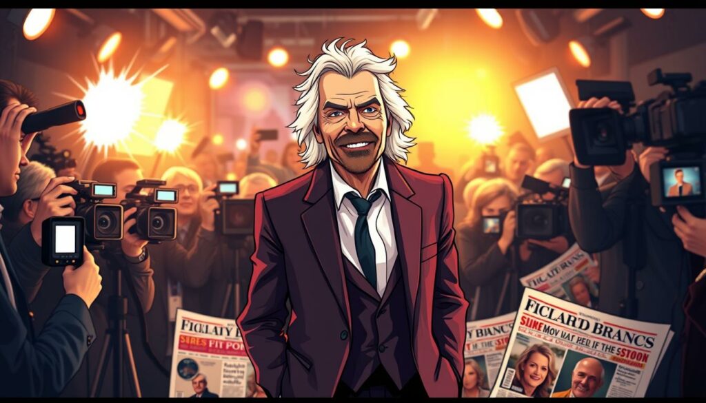 A high-profile businessman in a sharp suit, Richard Branson stands confidently amidst a dynamic backdrop of media chaos. Flashbulbs pop and cameras swivel as he navigates the limelight, his charismatic expression and commanding presence captivating the crowd. The scene is bathed in warm, theatrical lighting, creating an aura of glamour and celebrity around the iconic entrepreneur. In the middle ground, newspaper headlines and magazine covers bearing Branson's likeness hint at the breadth of his public influence and media savvy. The background is a blur of activity, conveying the frenetic energy and constant scrutiny that comes with Branson's high-profile, multi-faceted persona.