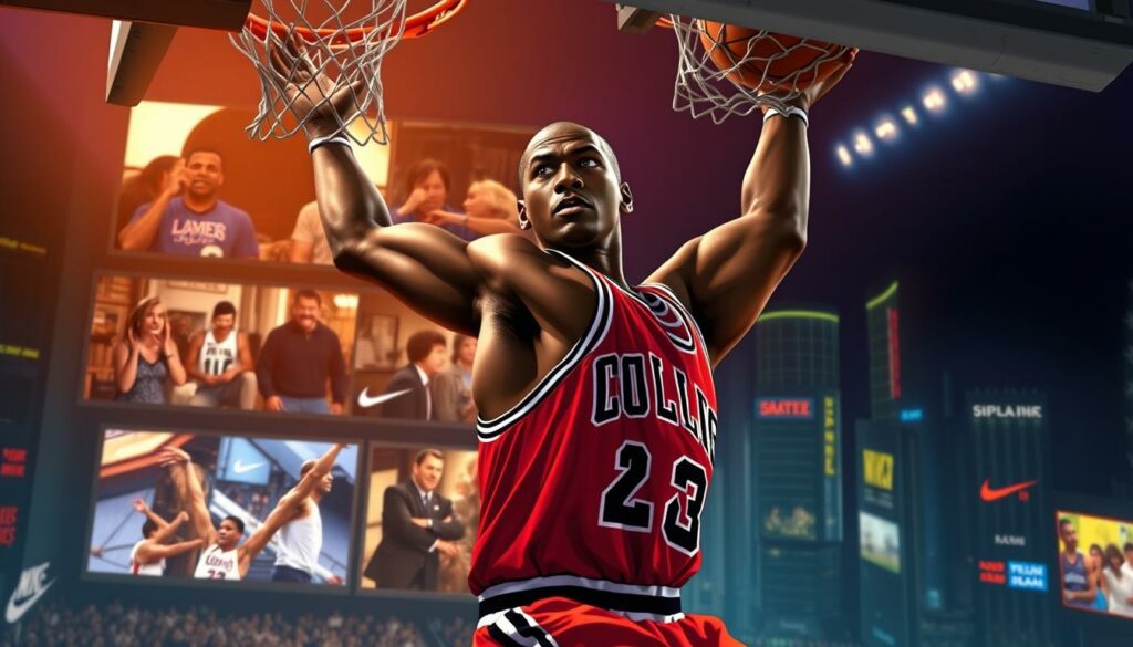 A high-quality portrait of Michael Jordan, the legendary basketball player, in a cinematic and pop culture setting. In the foreground, Jordan is depicted mid-dunk, his body in perfect form, defying gravity. His expression is one of intense focus and determination. The middle ground features a collage of iconic movie and television scenes featuring Jordan, such as his cameo in "Space Jam" and his appearance in Nike's "Be Like Mike" advertisements. The background is a vibrant, neon-tinged cityscape, capturing the energy and excitement of Jordan's global cultural impact. The lighting is dramatic, with deep shadows and highlights that accentuate the subject's athleticism and star power. The overall mood is one of awe and celebration, reflecting Jordan's status as a true icon of film and popular culture.