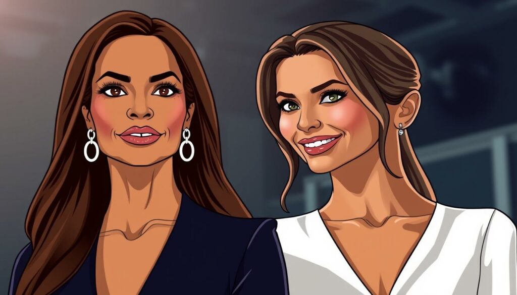 A high-resolution, highly detailed side-by-side portrait of Tyra Banks and Heidi Klum, two iconic supermodels, captured in a well-lit, professional studio setting. Tyra, with her striking features and confident poise, stands poised in the foreground, while Heidi, with her elegant demeanor and radiant smile, occupies the middle ground. The background is subtly blurred, allowing the viewer to focus on the nuanced similarities and differences between these two legendary figures of the fashion industry. The image exudes a sense of glamour, sophistication, and the powerful presence of these international model moguls.