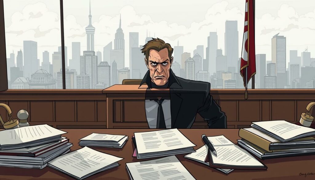 A high-stakes courtroom drama set against the backdrop of a city skyline, Oliver Pocher stands resolute, his face etched with a mixture of defiance and unease. The lighting is dramatic, casting sharp shadows that accentuate the tension in the scene. The camera angle is elevated, giving a sense of gravity and importance to the proceedings. In the foreground, legal documents and files are scattered, hinting at the complexities of the case. The middle ground features the judge's bench, where a stoic figure presides over the proceedings. In the distance, the cityscape looms, a constant reminder of the broader societal context in which this legal battle unfolds. The overall mood is one of high-stakes confrontation, where Pocher's provocative persona is put to the test in the crucible of the courtroom.