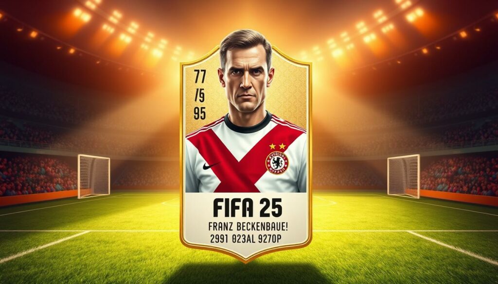 A highly detailed, photorealistic illustration of the FIFA 25 icon card for the legendary German footballer Franz Beckenbauer. The card is presented in a cinematic, front-facing view, with a radiant golden frame and subtle textural details. Beckenbauer is portrayed in his iconic white and red Germany national team uniform, captured in a heroic, commanding pose with his piercing gaze and regal bearing. The background features a meticulously rendered soccer field, with lush, vibrant grass and crisp, clean lines denoting the pitch and markings. Warm, dramatic lighting casts dynamic shadows, evoking a sense of power and prestige surrounding Beckenbauer's legendary career.