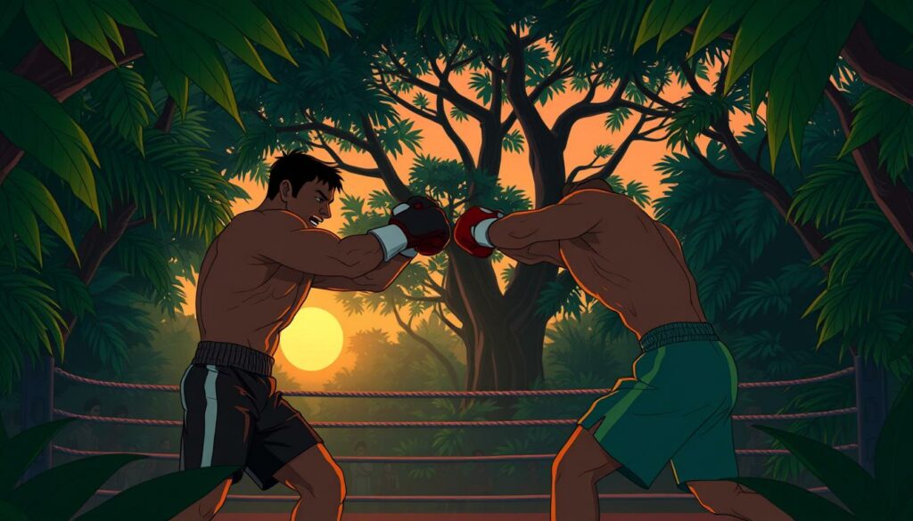 A jungle landscape at dusk, with sunlight filtering through the dense foliage. In the foreground, two muscular fighters, silhouetted against the setting sun, engage in a fierce boxing match, their fists colliding with a thunderous rumble. The middle ground is a blur of movement, with spectators cheering and the ring ropes straining under the intensity of the bout. In the background, a towering canopy of trees frames the scene, their leaves rustling in a light breeze. The atmosphere is one of raw power, determination, and the primal energy of a classic heavyweight fight.