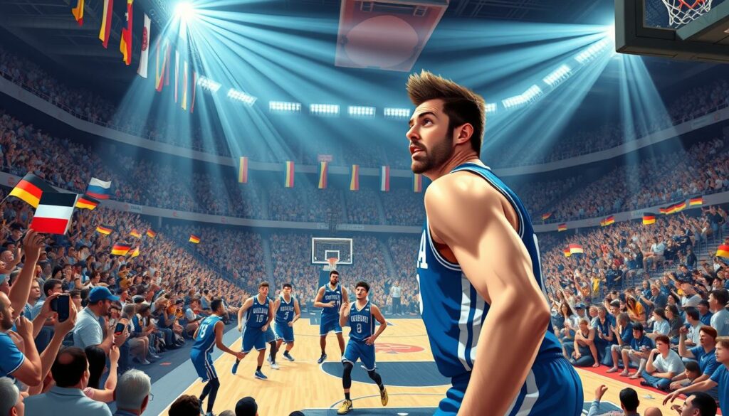 A large basketball arena, filled with cheering crowds, their national flags waving in the air. In the center, a team of tall, muscular players in crisp blue and white uniforms, their faces determined as they compete fiercely on the court. Beams of bright, dynamic lighting sweep across the scene, casting dramatic shadows and highlights. The atmosphere is electric, with a sense of national pride and international triumph permeating the air. In the foreground, a close-up of Dirk Nowitzki, the towering, graceful German player, his expression one of focus and intensity as he powers towards the hoop, embodying the spirit of his country's international basketball successes.