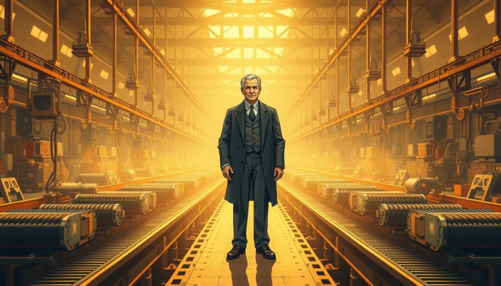 A large, imposing factory floor with rows of machinery and conveyor belts whirring with industrial efficiency. In the center, a figure stands tall and authoritative, surveying the scene - Henry Ford, embodiment of the Arbeitsphilosophie, his vision of streamlined production and standardized labor. The lighting is warm and golden, illuminating the pragmatic, no-nonsense aesthetic of the space. The background is hazy, emphasizing the foreground focus on Ford and his revolutionary system. A sense of power, control, and unwavering purpose radiates from the image, capturing the essence of Henry Ford's work philosophy.