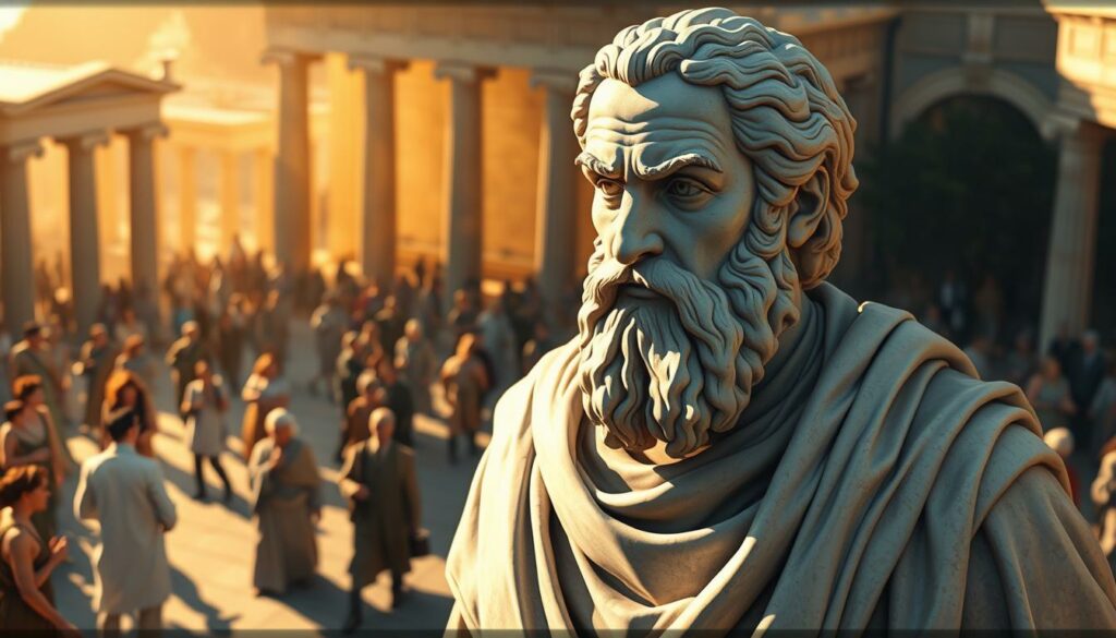A large marble statue of Socrates stands in the center of an ancient Athenian agora, his stern gaze directed towards the bustling crowd. The citizens of Athens move about in the background, engaged in lively debates and political discussions. The scene is bathed in warm, golden light, casting dramatic shadows and highlighting the intricate folds of Socrates' robes. The atmosphere is one of contemplation and intellectual discourse, reflecting the philosopher's enduring influence on the Athenian democracy. The composition emphasizes the juxtaposition of the individual thinker and the collective civic life, a testament to Socrates' profound impact on the political and social fabric of ancient Athens.