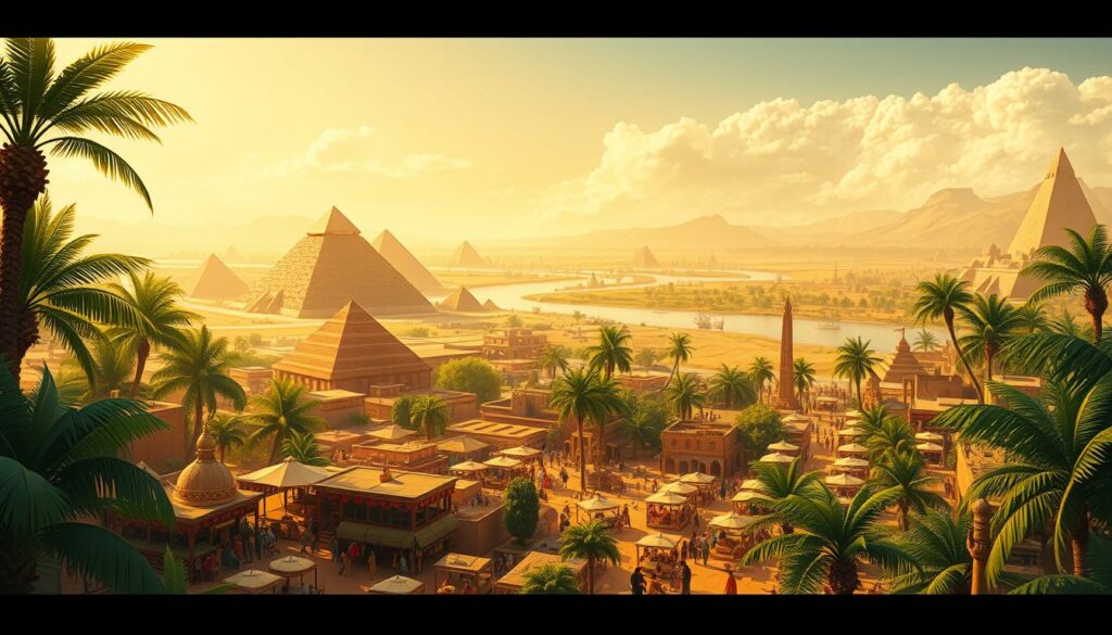 A lush, verdant landscape of ancient Egypt, bathed in warm, golden sunlight. In the foreground, a bustling marketplace teeming with merchants, artisans, and vibrant textiles. Pyramids and obelisks rise majestically in the middle ground, symbols of the country's economic and architectural prowess. In the background, the iconic Nile River winds its way through the fertile land, its waters sparkling under the cloudless sky. The scene exudes an air of prosperity, with thriving trade, flourishing industry, and a people living in harmony with their natural resources. A testament to Cleopatra's influential reign and the economic vitality of her kingdom.