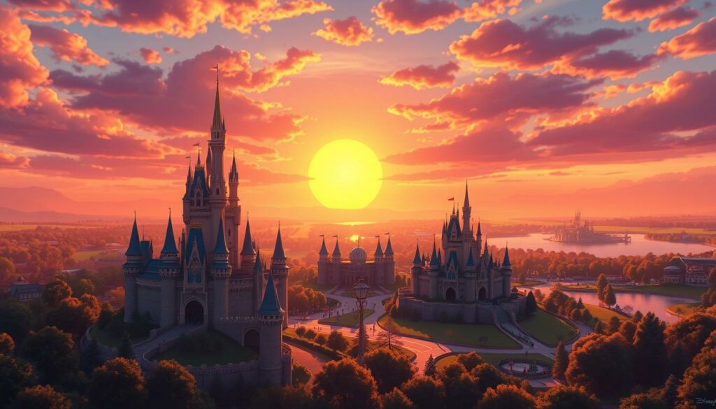 A majestic Walt Disney World concept, bathed in the warm glow of a setting sun. In the foreground, a whimsical castle with turrets and spires, its intricate architecture a testament to Disney's boundless imagination. The middle ground features lush, undulating landscaping, dotted with iconic Disney characters and attractions. In the distance, a shimmering lake reflects the vibrant colors of the sky, creating a serene and dreamlike atmosphere. The scene is imbued with a sense of nostalgia and wonder, capturing the essence of Disney's enduring legacy and the magic he infused into his creations. Soft, diffused lighting casts a warm, inviting tone, drawing the viewer into this fantastical world. The overall composition evokes a feeling of timeless enchantment, perfectly suited to illustrate the lasting impact of Walt Disney's visionary spirit.