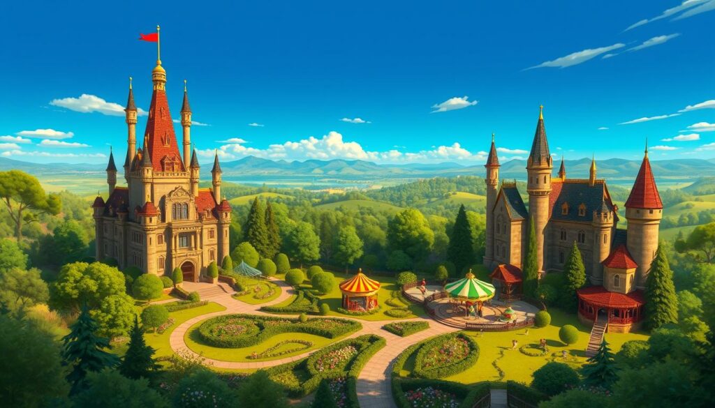 A majestic, fairytale-like estate nestled in the rolling hills, Neverland Ranch Märchenreich. In the foreground, a grand, whimsical castle with towering spires and ornate facades, its windows glimmering in the warm afternoon light. Lush, verdant gardens surround the castle, dotted with colorful flowers and meandering pathways. In the middle ground, a whimsical carousel and a zoo with exotic animals peek out from behind the castle walls. The background is a panoramic vista of the surrounding countryside, with distant mountains and a vibrant, azure sky. An aura of childlike wonder and magical realism permeates the scene, perfectly capturing the enchanting essence of this fantastical domain.