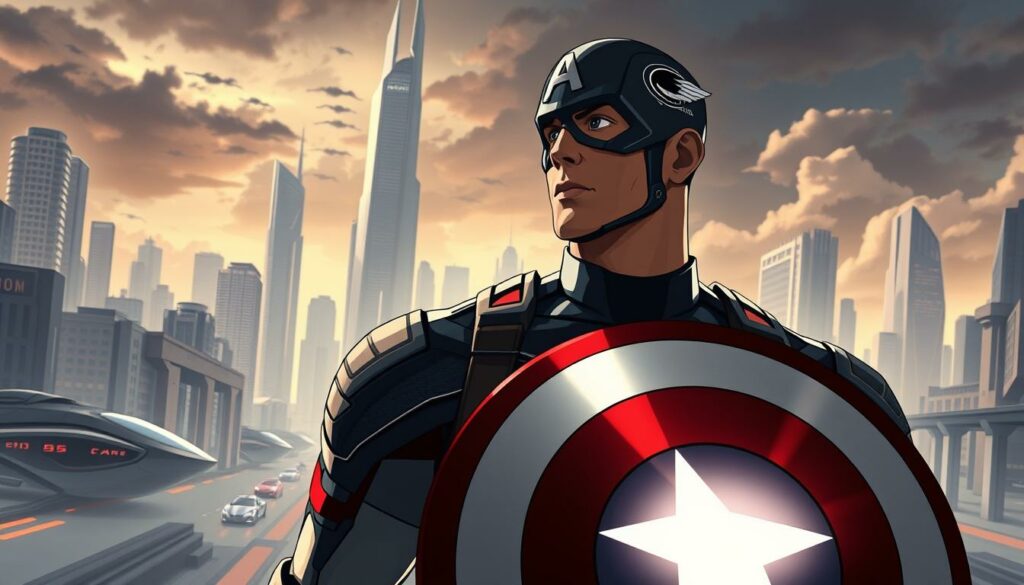 A majestic, futuristic depiction of Captain America, his iconic shield gleaming in the foreground, surrounded by a sleek, technologically-advanced cityscape. In the background, towering skyscrapers and hover-cars hint at a world transformed, yet Captain America stands resolute, his gaze fixed on the horizon, ready to lead humanity into a new era. Dramatic lighting casts dramatic shadows, creating a sense of mystery and anticipation. The scene is rendered with precision and attention to detail, capturing the essence of the character and the future he represents.