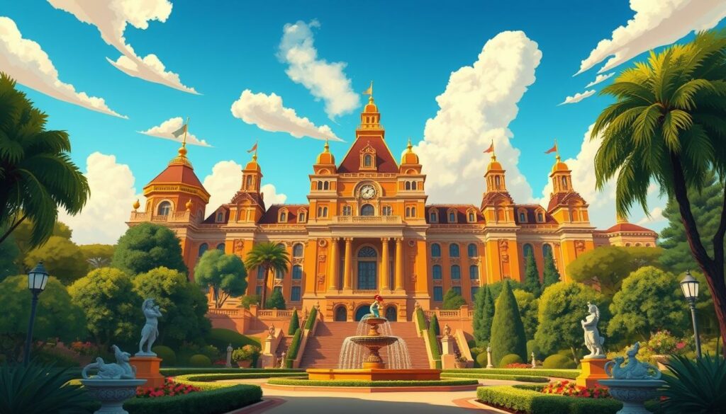 A majestic golden era dawns over the Disney Studios. A grand, stately building stands tall, its elegant facade glittering in the warm sunlight. Lush greenery and verdant gardens surround the structure, creating a serene, idyllic scene. Whimsical statues and fountains dot the landscape, hinting at the creative magic that thrives within. The sky is a brilliant azure, with fluffy white clouds drifting overhead, casting gentle shadows. An air of timeless sophistication and artistry permeates the entire tableau, capturing the creative spirit that defined the golden age of Disney animation.