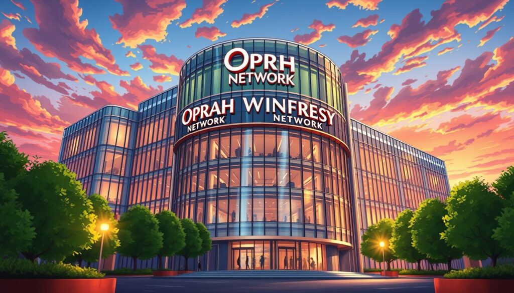 A majestic modern media headquarters, the Oprah Winfrey Network rises majestically against a vibrant sky. The gleaming glass and steel building is flanked by lush greenery, creating an aura of power and prestige. Elegant signage adorns the facade, radiating Oprah's signature style and commanding presence. Inside, a bustling hub of creativity and innovation, where Oprah's vision for empowering storytelling and inspiring programming takes shape. Warm lighting filters through the expansive windows, casting a glow of warmth and inspiration. This is the beating heart of Oprah's media empire, a testament to her unwavering determination and transformative influence.