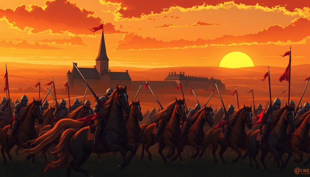 A majestic scene of the Loire-Feldzug, set against the backdrop of a golden sunset over the rolling countryside. In the foreground, a spirited cavalry charge, soldiers on horseback wielding swords and lances, their armor gleaming in the fading light. In the middle ground, the steepled roofs and stone walls of a fortified town, its defenses manned by resolute defenders. The sky above, painted in hues of orange and red, lends an air of drama and urgency to the scene. The composition is balanced, with a sense of dynamism and movement, capturing the decisive moment of a pivotal campaign in the Hundred Years' War.