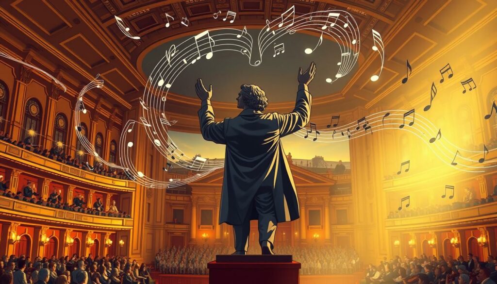 A majestic symphony hall, its grand architecture bathed in warm, golden light. At the center, a larger-than-life statue of Ludwig van Beethoven, his hands raised as if conducting the invisible orchestra. Swirling musical notes emanate from the statue, filling the air with the powerful, emotive melodies of his legendary Symphonies. In the background, a cityscape of 19th-century Vienna stretches out, the city that inspired Beethoven's revolutionary compositions. The atmosphere is one of reverence and awe, capturing the magnitude of Beethoven's musical genius and his lasting impact on the world of classical music.