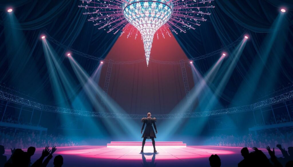 A massive stage draped in a cloak of darkness, illuminated by the radiant glow of a towering, avant-garde structure. Suspended high above, a swirling constellation of glittering crystals and neon lights, casting a mesmerizing shimmer across the dance floor below. In the foreground, a lone figure commands the spotlight, clad in a daring, architectural costume that blends elements of futurism and high fashion. Dramatic shadows and highlights accentuate the performer's bold silhouette, evoking a sense of theatrical spectacle and unbridled energy. The atmosphere is electric, charged with a palpable tension that captivates the audience, drawing them into the dazzling mayhem of "The Mayhem Ball Tour."