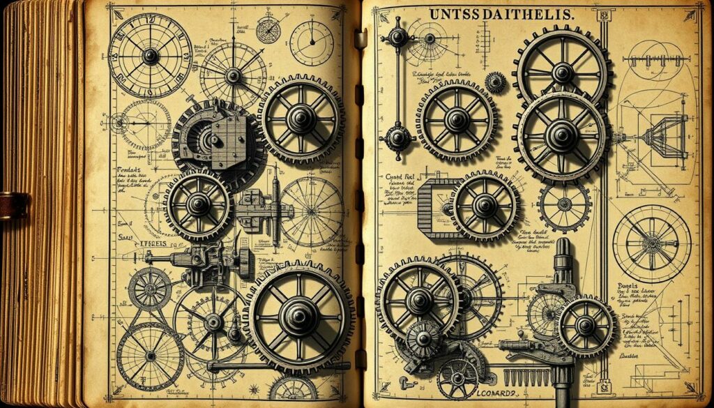 A meticulous, highly detailed technical illustration of the "Codex Atlanticus" by Leonardo da Vinci, showcasing his visionary engineering designs and drawings. The image depicts an array of complex mechanical schematics and sketches, rendered in a muted, vintage color palette that evokes the weathered pages of da Vinci's original notebooks. Intricate gears, pulleys, and schematics are meticulously rendered, capturing the innovative spirit and intellectual curiosity that defined da Vinci's groundbreaking work. The composition is balanced and harmonious, with a sense of depth and dimensionality that draws the viewer into the visionary world of this Renaissance polymath. Dramatic lighting casts dramatic shadows, heightening the sense of technical precision and artistic mastery.