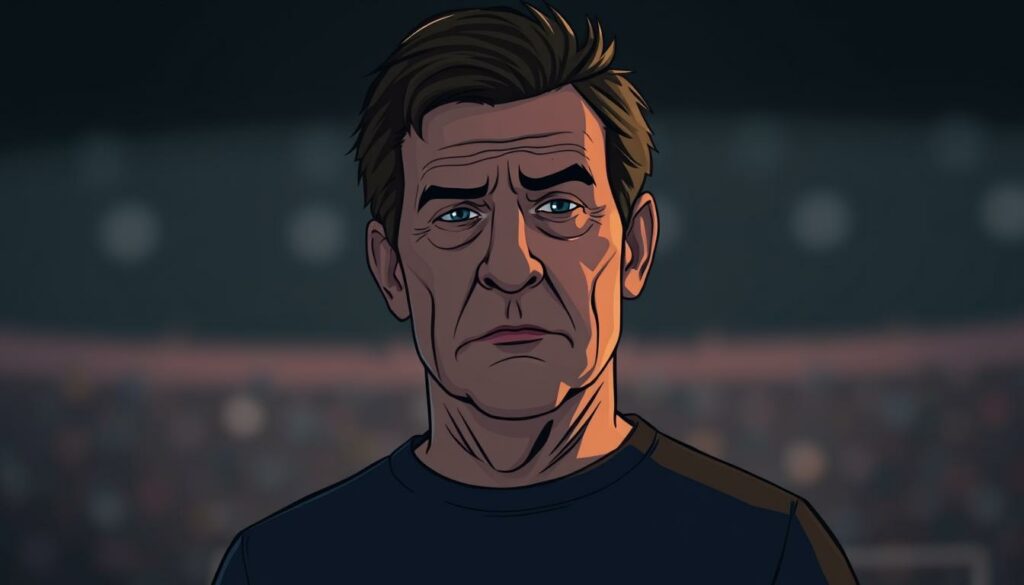 A middle-aged man, Lothar Matthäus, stands alone on a darkened stage, his face etched with a pensive expression. Soft, dramatic lighting casts shadows across his features, hinting at the private turmoil he has faced away from the public eye. The background is a blurred, abstract representation of a tumultuous personal life, with muted colors and indistinct shapes suggesting the off-field controversies that have marked his celebrated career. The scene conveys a sense of introspection and melancholy, capturing the contrast between Matthäus' public persona as a legendary footballer and the private challenges he has navigated in his personal life.