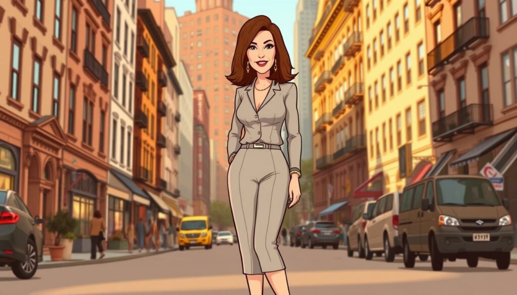 A middle-aged woman with shoulder-length brown hair, wearing a sophisticated light gray outfit and iconic strappy Manolo Blahnik stilettos, stands confidently in a bustling Manhattan street, capturing the essence of Carrie Bradshaw in the new chapter of "And Just Like That." The scene is bathed in a warm, golden-hour glow, highlighting the character's timeless elegance and the cosmopolitan atmosphere of the city. The background features a blend of iconic NYC architecture, including the recognizable brownstone buildings, creating a nostalgic and familiar urban setting.