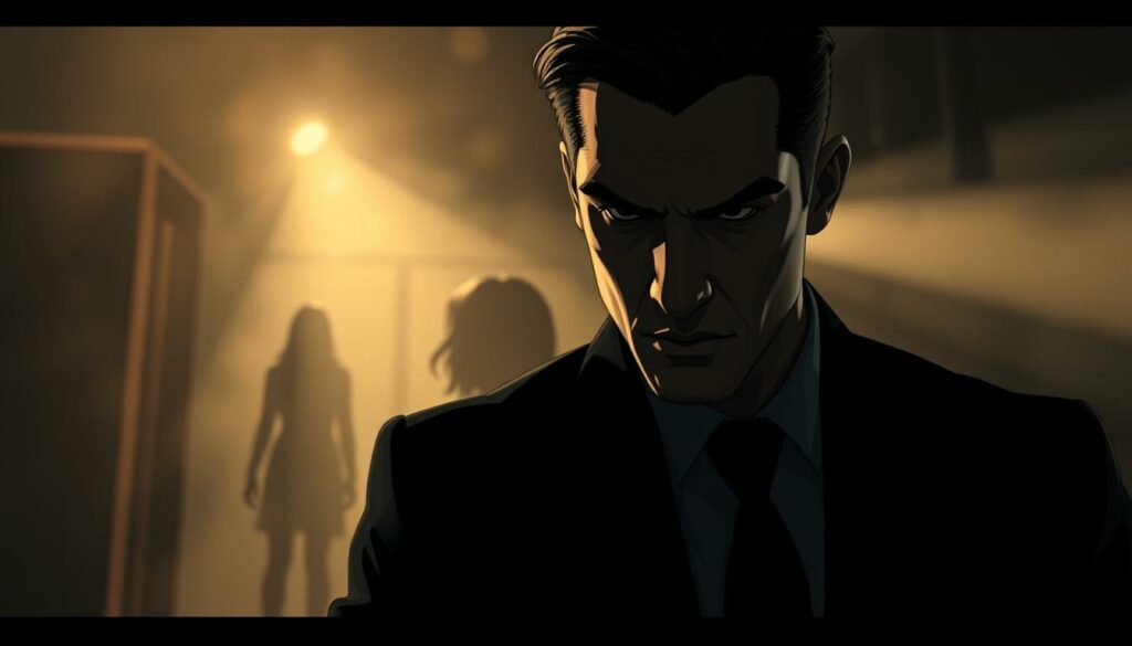 A moody, cinematic portrait of toxic masculinity in film. In the foreground, a brooding, chiseled male figure in a crisp, tailored suit - his expression a mix of intensity and vulnerability. Dramatic low-key lighting casts deep shadows, creating a sense of psychological depth and unease. In the middle ground, a faint outline of a female figure, hinting at the complex, often turbulent relationships that define this archetype. The background is shrouded in a hazy, dreamlike atmosphere, evoking the cinema's visual language and the blurred lines between reality and fantasy. Overall, the image conveys the complexity and contradictions inherent in the trope of the "powerful yet troubled" male protagonist.