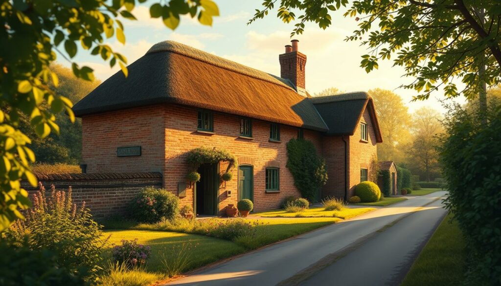 A picturesque Georgian cottage nestled in the idyllic village of Chawton, the Chawton Cottage Museum stands as a tranquil testament to the life and literary legacy of Jane Austen. Captured in a warm, golden afternoon light, the cottage's weathered brick facade and charming thatched roof evoke a sense of timeless English charm. The lush, well-tended garden in the foreground frames the entrance, hinting at the literary treasures that await within. Through the open windows, one can almost imagine the rustle of Austen's quill as she composed her iconic novels in this serene setting. The quiet country lane leading to the cottage suggests a peaceful respite from the bustle of the world, inviting the viewer to step back in time and experience the world that inspired Austen's sharp yet compassionate insights on life and love.