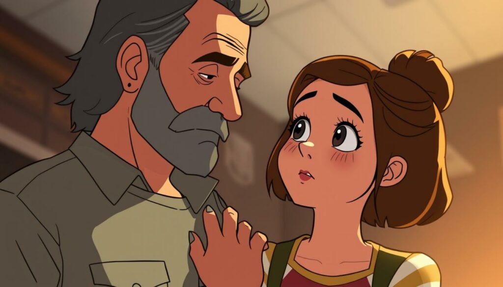 A poignant father-daughter moment between Jim Hopper and Eleven. They stand together, Hopper's hand gently on Eleven's shoulder, his weathered face etched with a protective, fatherly gaze. Eleven looks up at him, her expression a mix of trust and gratitude, her powerful yet vulnerable demeanor conveying the depth of their unbreakable bond. Soft, warm lighting bathes the pair, creating an intimate, almost nostalgic atmosphere. The background is softly blurred, allowing the viewer to focus solely on the central figures and their profound connection.