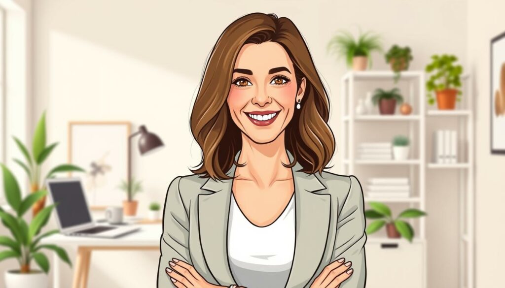 A portrait of Cathy Hummels, a German influencer, mother, and entrepreneur. She stands confidently, dressed in a chic yet professional outfit, her face radiating a warm, maternal expression. The background is a tasteful, minimalist office space, with a desk, shelves, and plants, hinting at her varied roles as a businesswoman and public figure. The lighting is soft and flattering, accentuating her features and creating a sense of balance and harmony. The overall atmosphere conveys Cathy's multifaceted identity, blending her roles as a mother, wife, and successful entrepreneur.