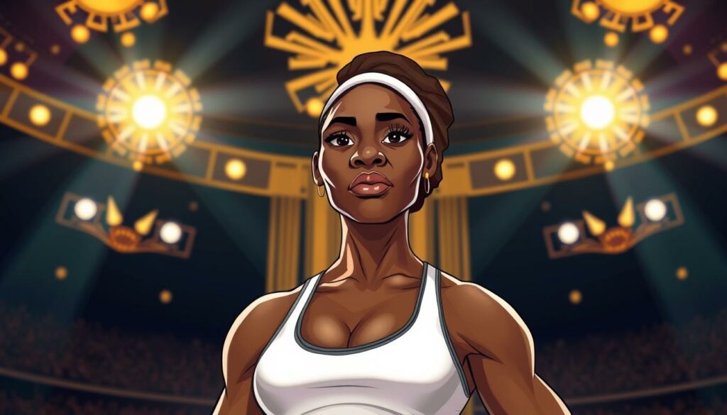 A portrait of Serena Williams, the legendary tennis champion, standing proud and confident on a grand stage. The foreground focuses on her powerful presence, her muscular frame and intense gaze conveying the determination that defined her remarkable career. The middle ground features a backdrop of shimmering gold accents, alluding to the grandeur and significance of her legacy. The lighting is warm and dramatic, casting a heroic, almost regal aura around her. The overall mood is one of reverence and celebration, capturing the essence of Serena's Vermächtnis - the profound impact she has had on the sport and the world beyond.