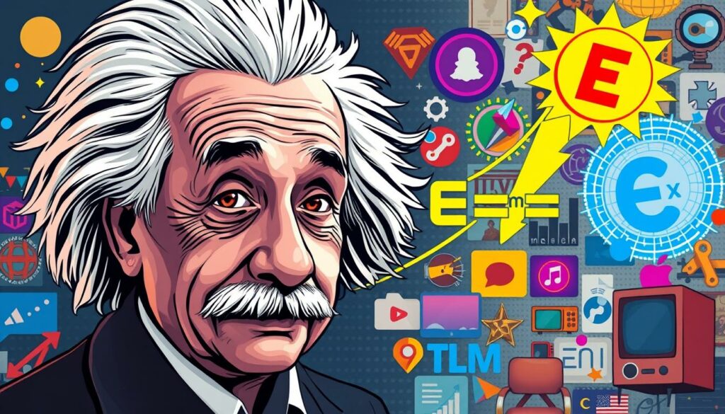 A portrait of the iconic physicist Albert Einstein, depicted as a cultural icon in pop culture and media. In the foreground, Einstein's instantly recognizable wild mane of white hair and penetrating gaze command attention, captured with a cinematic lighting that casts dramatic shadows across his face. In the middle ground, abstract shapes and symbols allude to his groundbreaking scientific discoveries, such as the famous E=mc^2 equation. The background features a collage of vibrant, playful visual references to Einstein's ubiquitous presence in contemporary art, film, television, and digital media, celebrating his enduring status as a beloved figure of popular culture.