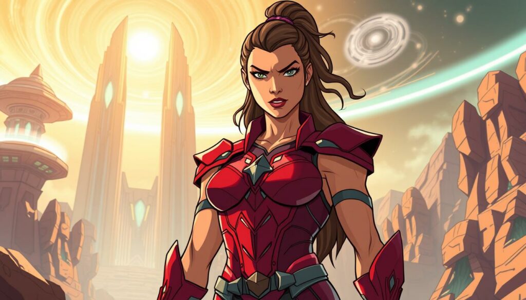 A powerful Amazonian warrior stands tall, her toned physique and fierce expression conveying unwavering strength. She wears a sleek, futuristic-inspired armor in a vibrant crimson hue, adorned with intricate, angular designs that hint at advanced technology. Her piercing gaze is fixed ahead, her lips set in a determined line, as she prepares to face the challenges of the future. Behind her, a vast, otherworldly landscape unfolds, with towering, glowing structures and swirling energy fields that suggest a world on the precipice of transformation. The scene is bathed in a warm, golden light, casting dramatic shadows and highlighting the warrior's imposing presence. This is the future of the Amazons, a testament to their resilience, adaptability, and unwavering commitment to their ideals.