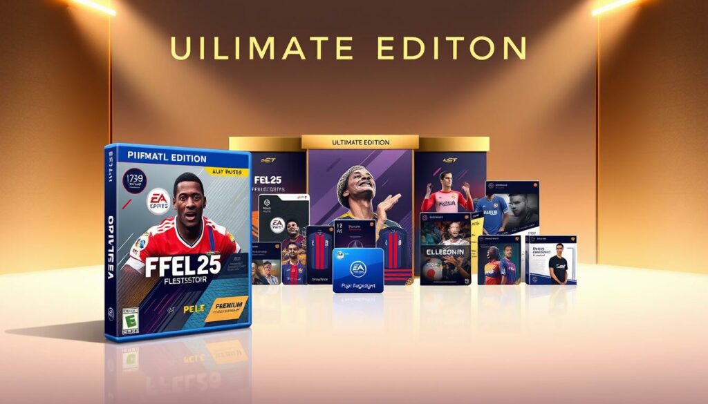 A pristine, high-quality, detailed digital illustration showcasing the "Ultimate Edition Bonuspakete" for FIFA 25 Pelé. The foreground features the physical game packaging, prominently displaying the "Ultimate Edition" branding and the iconic Pelé imagery. In the middle ground, a collection of enticing in-game digital content is elegantly presented, such as premium player cards, exclusive kits, and unique celebration emotes. The background has a sleek, minimalist design with a warm, golden color palette, evoking a sense of prestige and luxury. The lighting is soft and directional, accentuating the premium textures and materials. The overall composition is well-balanced, drawing the viewer's attention to the key elements of the "Ultimate Edition Bonuspakete".