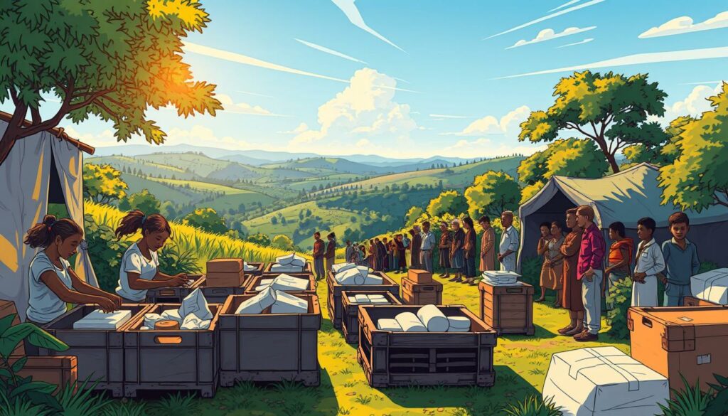 A pristine humanitarian aid camp nestled amidst a lush, verdant landscape. In the foreground, a group of compassionate volunteers diligently sorting and packing supplies into sturdy crates, their faces illuminated by the warm glow of the sun. In the middle ground, a line of people patiently awaiting their turn to receive vital provisions, their expressions a mixture of gratitude and hope. In the distance, a panoramic view of the serene surroundings, with rolling hills and a clear blue sky dotted with wispy clouds. The scene exudes a sense of tranquility and purpose, capturing the essence of Diana's unwavering dedication to humanitarian causes.