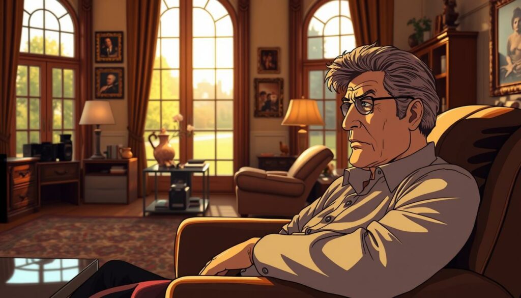 A private moment of Dieter Bohlen, the renowned German pop titan, captured against the backdrop of his lavish home. In the foreground, he sits pensively in a plush leather armchair, his brow furrowed as he contemplates the duality of his public and private personas. Soft, warm lighting filters through large windows, casting a peaceful glow over the scene. In the middle ground, meticulously curated mementos and personal effects hint at the complex life behind the spotlight. The background reveals a glimpse of the sprawling estate, subtly conveying the contrast between Bohlen's public image and the solace he finds in his private sanctuary.