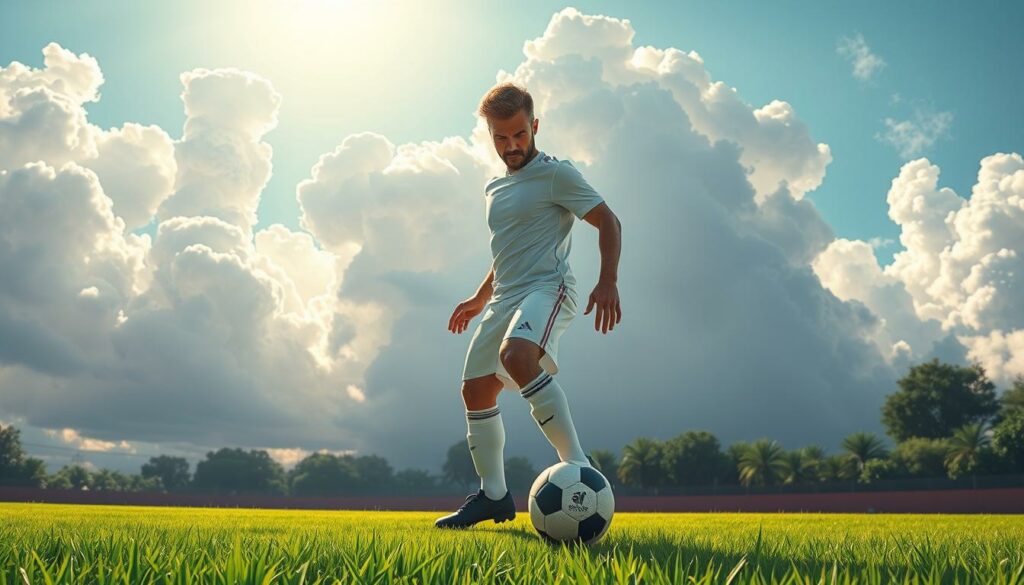 A professional soccer player, David Beckham, standing on a lush green pitch, expertly lining up to take a free kick. The sunlight filters through billowing clouds, casting dramatic shadows across the scene. Beckham's intense gaze is focused, his body poised with precision, ready to strike the ball with his trademark curling technique. The camera captures the scene from a low angle, emphasizing the power and athleticism of the moment. The image conveys the grace and skill of a master of the free kick, inspiring viewers to master this iconic facet of the beautiful game.