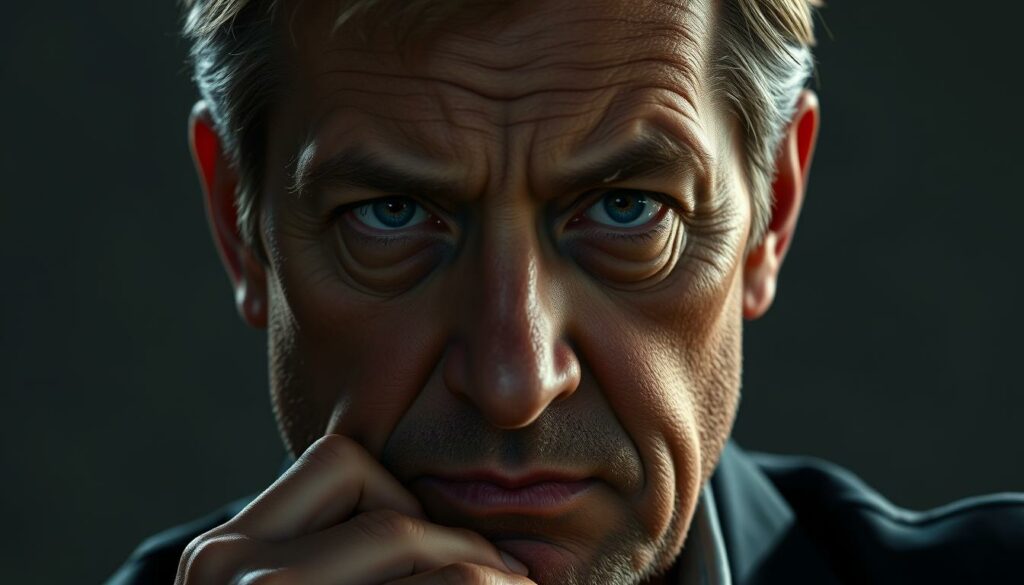 A provocative close-up portrait of Til Schweiger, the polarizing German actor and filmmaker, captured in a thoughtful, introspective pose. His weathered features, heavy-lidded eyes, and furrowed brow convey a sense of seriousness and intensity, hinting at the controversies and media attention that have surrounded his career. The lighting is dramatic, with shadows casting a moody, cinematic atmosphere. The background is blurred, keeping the focus squarely on Schweiger's expressive face and the energy it radiates - a study in contrasts that reflects the complexities of his public persona.